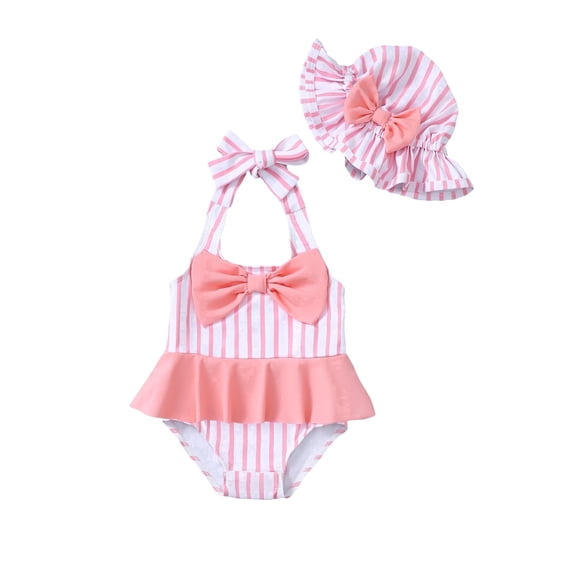 KIMI BEAR Newborn Baby Girls One-piece Swimsuits 6-12 Months Summer Bathing Suits Off the Shoulder Sleeveless Halter Bow Striped Beach Wear Holiday Rash Guard with Headband 2pcs Pink
