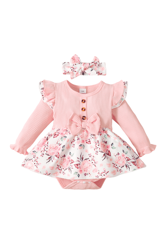 Newborn Baby Girls Outfits 0 Months Fall Winter Outfits 3 Months Rose Prints Hem Pit Knitted Long Sleeve Bodysuit + Headband 2PCS Set Pink