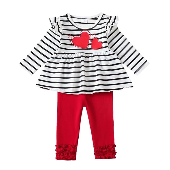 KIMI BEAR Newborn Baby Girls Outfits 6-9 Months Winter Sprint Clothes Sets Ruffle Long Sleeves Pullover Top Striped Heart Print Top Solid Color Pants Sets Red
