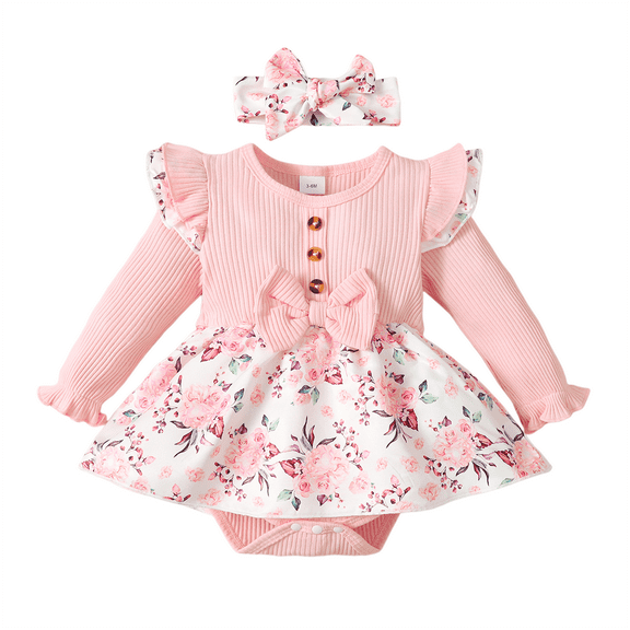 KIMI BEAR Newborn Baby Girls Outfits 6 Months Fall Winter Outfits 9 Months Rose Prints Hem Pit Knitted Long Sleeve Bodysuit   Headband 2PCS Set Pink