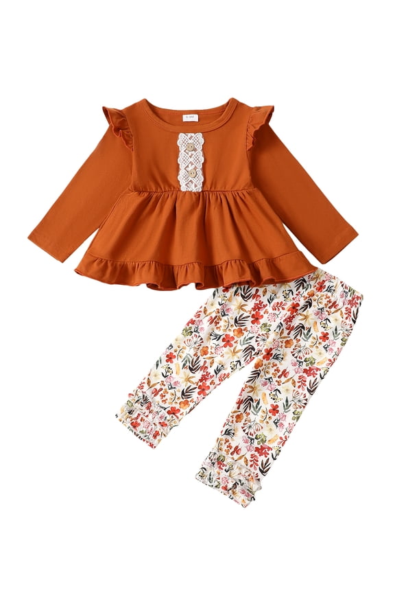 Newborn Baby Girls Outfits 9-12 Months Winter Clothes Sets Ruffle Long Sleeves Pullover Top Floral Pants Set 2pcs Clothing Brown