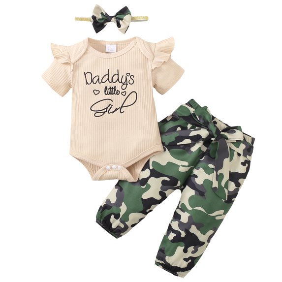KIMI BEAR Newborn Baby Girls Pant Sets 6-12 Months Summer Outfits Ruffle Short Sleeves Knit Romper Top Camouflage Pants with Headband 3pcs Apricot