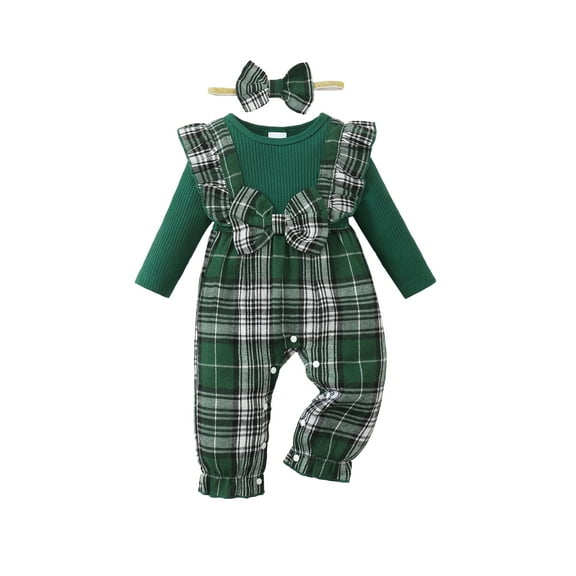 KIMI BEAR Newborn Baby Girls Romper 0-3 Months Baby Girl Winter Clothes Long Sleeves Plaid One-piece Overalls Zipper with Headband 2pcs Green
