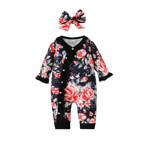 KIMI BEAR Newborn Baby Girls Romper Long Sleeves Floral Bodysuits Button with Headband 2pcs Baby Girls One-piece Black 3-6 Months