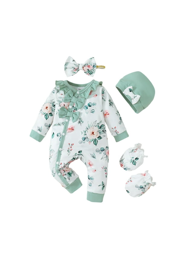 Newborn Baby Girls Romper Long Sleeves Floral Bodysuits with Headband 2pcs Baby Girls One-piece Green 0-3 Months