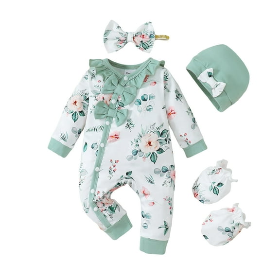 KIMI BEAR Newborn Baby Girls Romper Long Sleeves Floral Bodysuits with Headband 2pcs Baby Girls One-piece Green NB