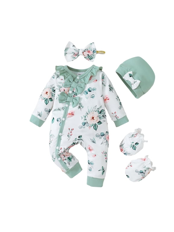 Newborn Baby Girls Romper Long Sleeves Floral Bodysuits with Headband 2pcs Baby Girls One-piece Green Preemie
