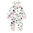 thumbnail image 1 of KIMI BEAR Newborn Baby Girls Rompers Long Sleeves Cow Print Bodysuits Button Down One-piece with Headband Fall Pink 9-12 Months, 1 of 8