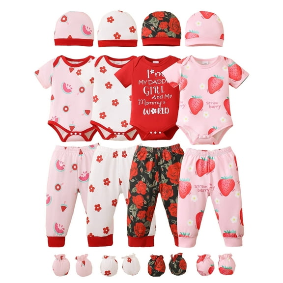 KIMI BEAR Newborn Baby Girls Summer Outfits 0-3 Months 4-Pack Layette Set Short Sleeves Romper Top Strwberry Watermelon Floral Pants Set Hat Gloves 16Pcs Pink