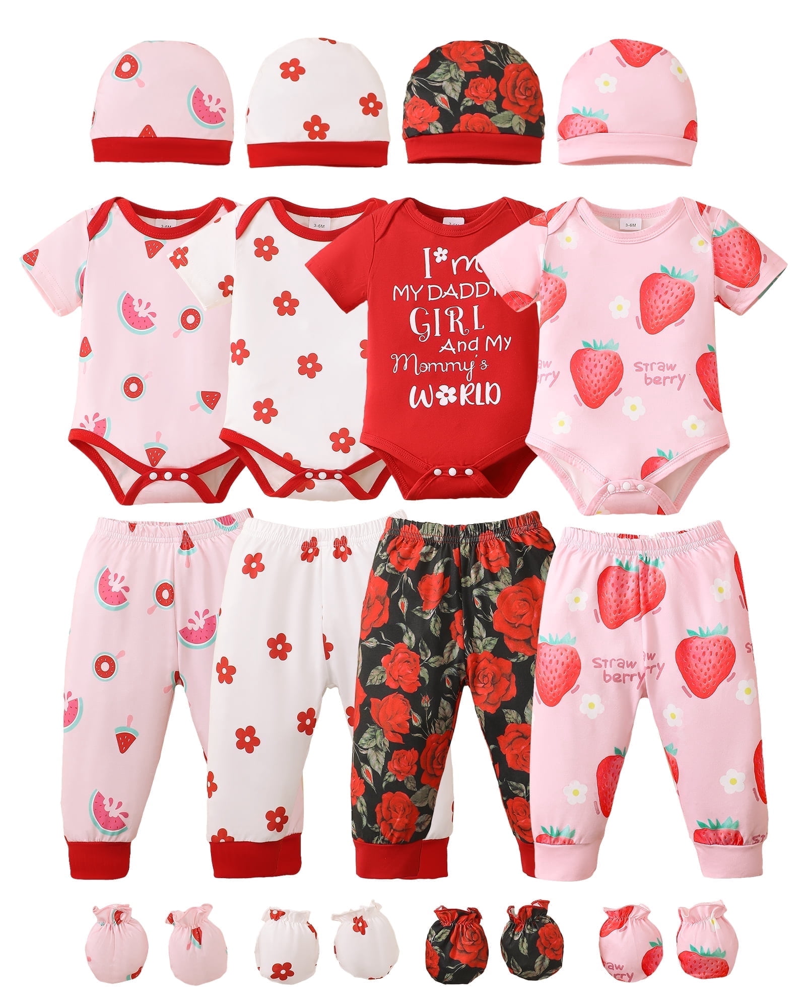 KIMI BEAR Newborn Baby Girls Summer Outfits 6-12 Months 4-Pack Layette Set Short Sleeves Romper Top Strawberry Watermelon Floral Pants Set Hat Gloves 16Pcs Pink
