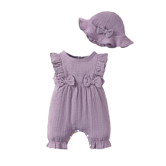 KIMI BEAR Newborn Baby Girls Summer Romper 0-3 Months Clothes Ruffle Sleeveless Bowknots One-piece Jumpsuits Solid Color Overalls with Hat 2pcs Purple