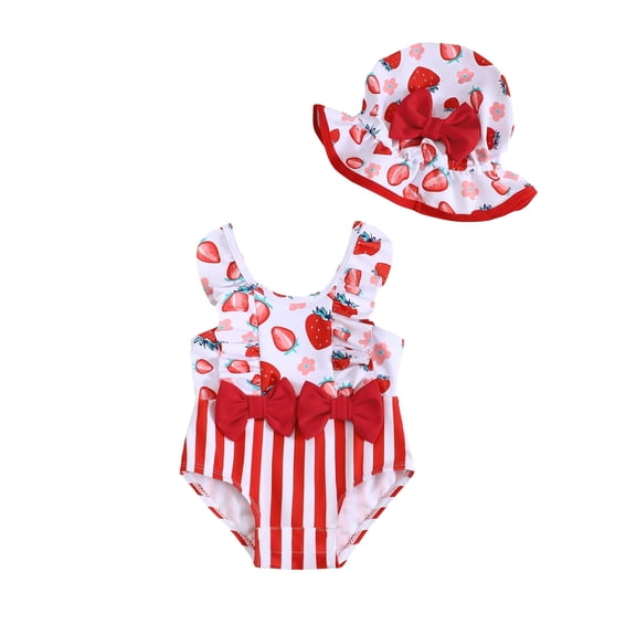 KIMI BEAR Newborn Baby Girls Swimsuits 0-3 Months One-piece Bathing Suits Sleeveless Strawberry Beach Wear with Hat 2pcs Red