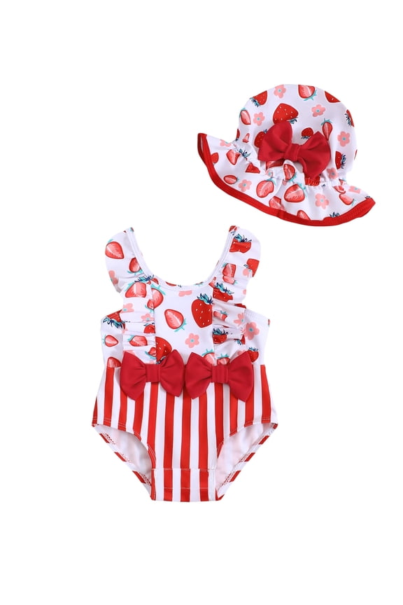 Newborn Baby Girls Swimsuits 0-3 Months One-piece Bathing Suits Sleeveless Strawberry Beach Wear with Hat 2pcs Red