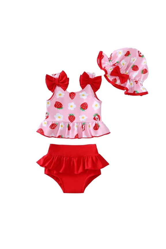 Newborn Baby Girls Swimsuits 3-6 Months Sleeveless Bowknots Swim Top Strawberry Swimsuit Ruffle Shorts with Hat Baby Girls Bathing Suits Red