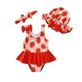 thumbnail image 1 of KIMI BEAR Newborn Baby Girls Swimsuits 3-6 Months Sleeveless Strawberry Print One-piece Swimsuit Bowknot Bathing Suit with Hat + Headband 3pcs Rash Guard Swimsuit Red, 1 of 8