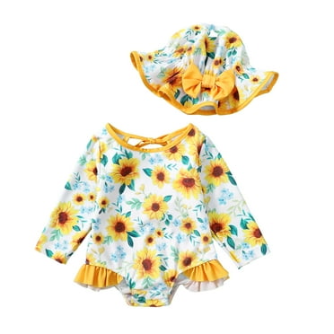 KIMI BEAR Newborn Baby Girls Swimsuits Fall Floral Long Sleeves Rash Guard Swimwear with Hat 2pcs Bathing Suits Yellow 6-12 Months