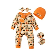 KIMI BEAR Newborn Baby Girsl Halloween Bodysuits Ruflle Long Sleeves Romper Pumpkin Ghost Jumpsuits + Hat + Headband + Gloves 4pcs Orange 3-6 Months