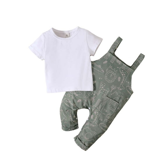 KIMI BEAR Newborn Boys Pants Set 6 Months Newborn Boy Spring Summer Outfits 9 Months Pure Color Short Sleeve T-shirt + Lion Prints Suspender Pants 2PCS Set Multi-color