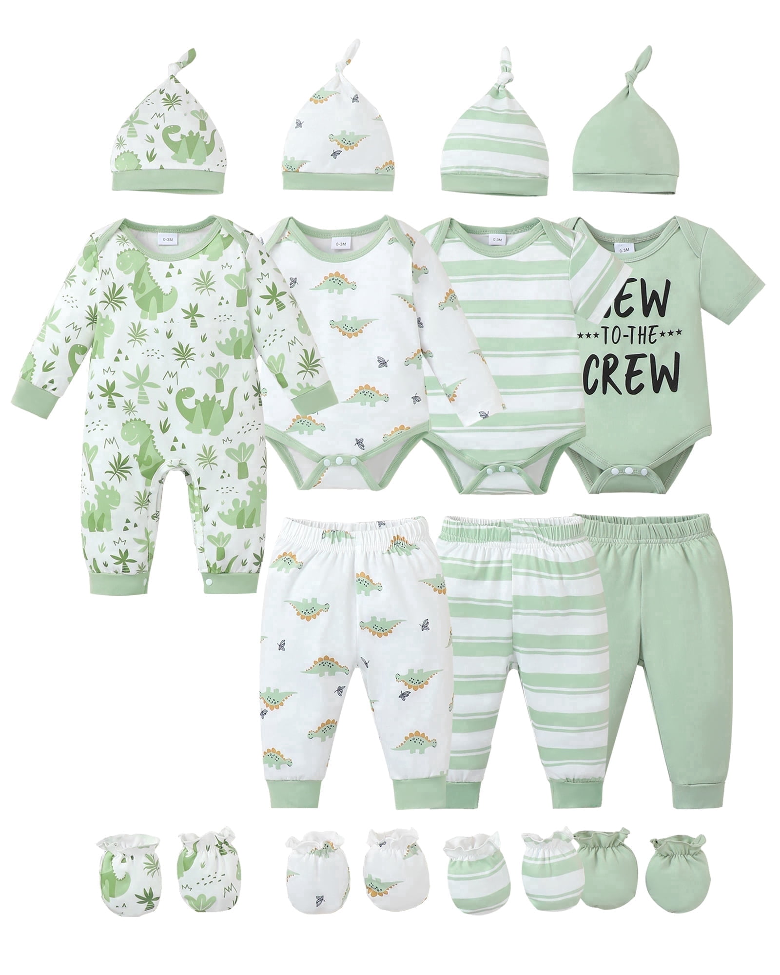 KIMI BEAR Newborn Preemie Baby Boys Layette Set 4 Packs Shower Gift Sets Romper Top Pants Set Short Sleeves Tops Dinosaurs Print Striped Outfits with Bodysuits 15pcs Essential Clothes Green