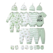 KIMI BEAR Newborn Preemie Baby Boys Layette Set 4 Packs Shower Gift Sets Romper Top Pants Set Short Sleeves Tops Dinosaurs Print Striped Outfits with Bodysuits 15pcs Essential Clothes Green