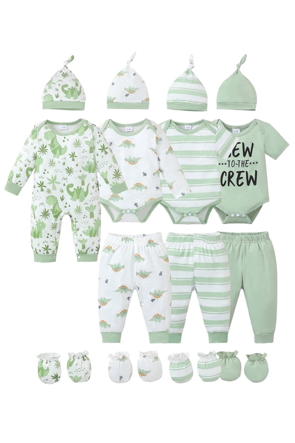 Newborn Preemie Baby Boys Layette Set 4 Packs Shower Gift Sets Romper Top Pants Set Short Sleeves Tops Dinosaurs Print Striped Outfits with Bodysuits 15pcs Essential Clothes Green
