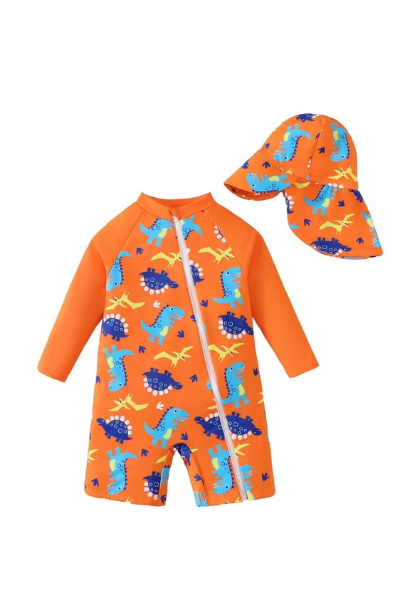 Newborn baby Boys One-piece Swimsuit 6-12 Months Swimwear Full Zipper Sun Protection Dinosaur Print One Piece Bathing Suit Rash Guard and Hat Beachwear Sunsuit Orange
