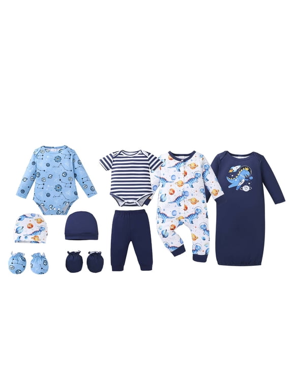 Preemie Baby Boy Layette Set Shower Gift Essential Clothes 4 Packs Rompers Pants Sleeper Gown with Hats Mittens Newborn Outfits Set Essentials Clothing Blue NB