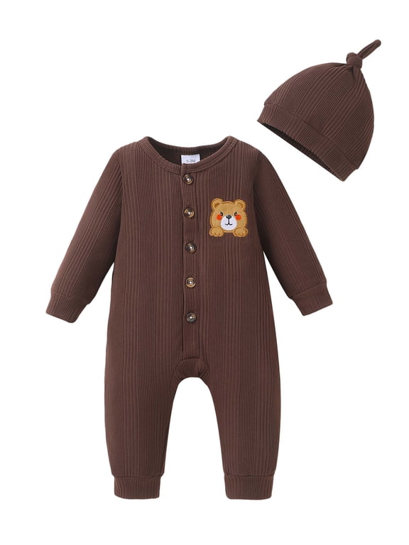 Preemie Baby Boy Romper Winter Clothes Shower Gift Long Sleeves Jumpsuit Bear One-piece Overalls with Hat 2pcs Bodysuit Clothing Brown
