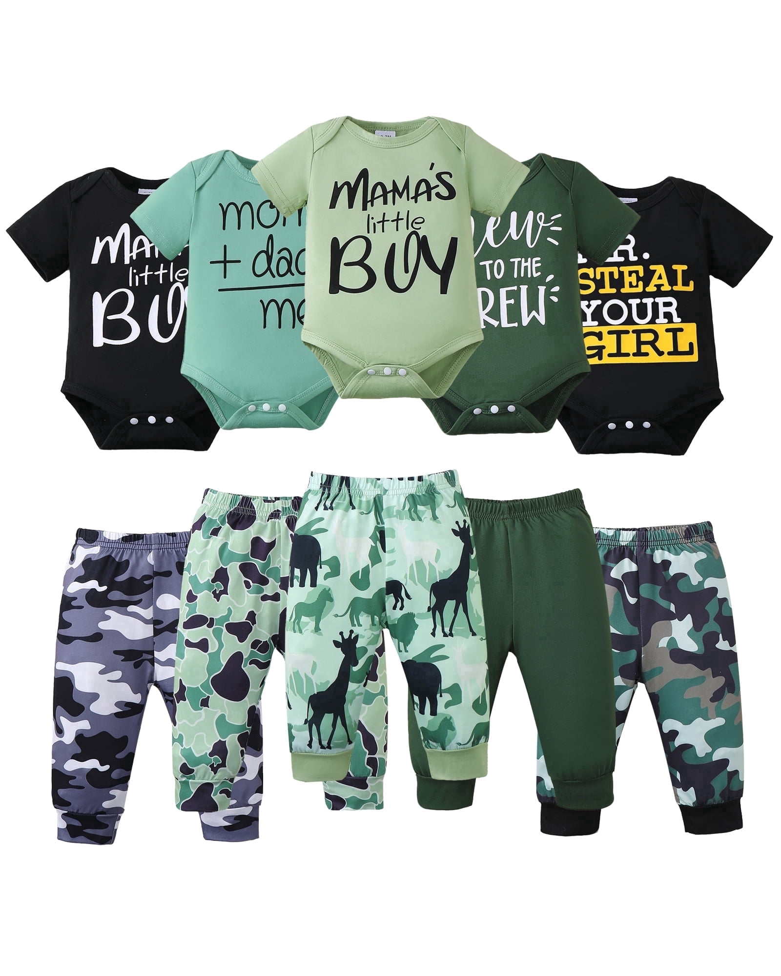 KIMI BEAR Preemie Baby Boys Layette Set 5 Packs Shower Gift Sets Romper Top Pants Set Short Sleeves Tops Letter Print Camouflage Outfits Clothing Summer 10pcs Essential Clothes Multicolor