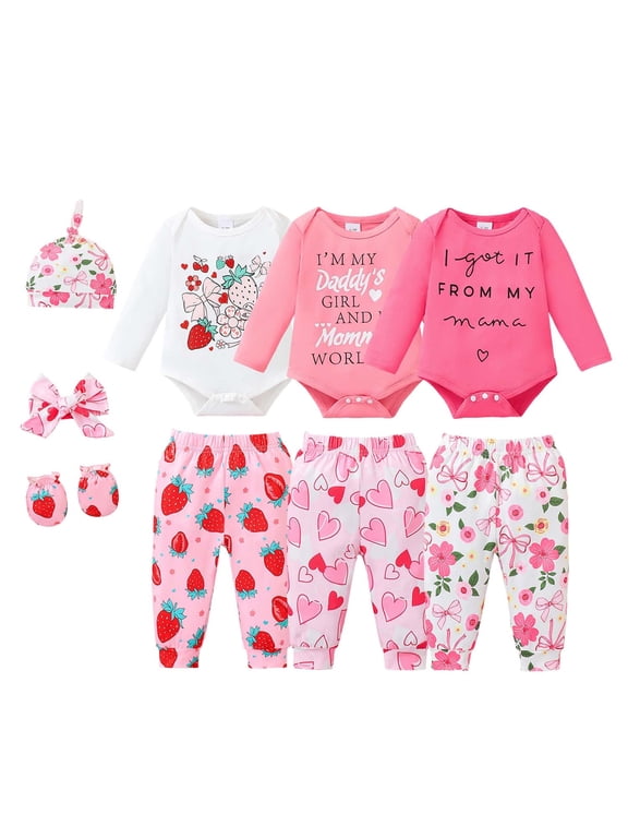 Preemie Baby Girl Layette Set Shower Gift Sets 3 Packs Romper Pants Sets Long Sleeves Bodysuit with Hat Headband Gloves 9pcs Clothing Pink