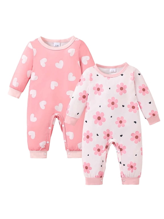 Preemie Baby Girl Romper Clothing 2 Packs Shower Gift Long Sleeves Floral Hearts Bodysuit One-piece Jumpsuit 2pcs Clothes Pink