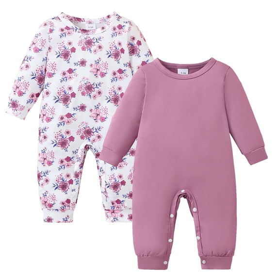 KIMI BEAR Preemie Baby Girl Romper Clothing 2 Packs Shower Gift Long Sleeves Floral Solid Color Bodysuit One-piece Jumpsuit 2pcs Clothes Purple