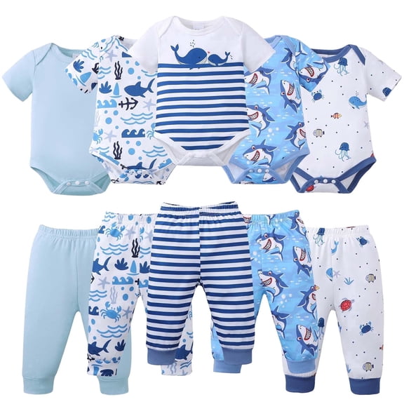 KIMI BEAR Preemie Newborn Baby Boys Layette Set 5 Packs Shower Gift Sets Romper Top Pants Set Short Sleeves Tops Sharks Print Striped Outfits Clothing Summer Clothes Blue
