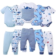 KIMI BEAR Preemie Newborn Baby Boys Layette Set 5 Packs Shower Gift Sets Romper Top Pants Set Short Sleeves Tops Sharks Print Striped Outfits Clothing Summer Clothes Blue
