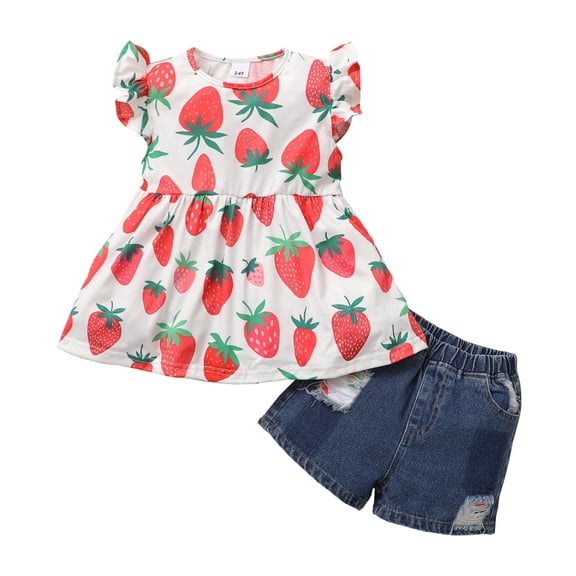 KIMI BEAR Shorts Outfits For Toddler Baby Girls 4T Girls Spring Summer Clothes Sweet Strawberry Print Fly Sleeve Top Ripped Denim Shorts 2PCs Set 4-5T, Red