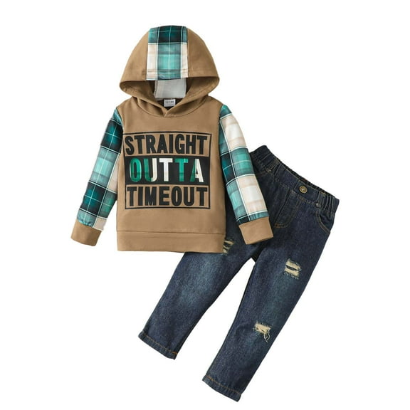 KIMI BEAR Toddler Baby Boys Pant Sets Fall 2-3T Baby Boys Clothes Fall Letter Print Long Sleeves Hooedie Tops Ripped Denim Pants 2pcs Outfits Brown