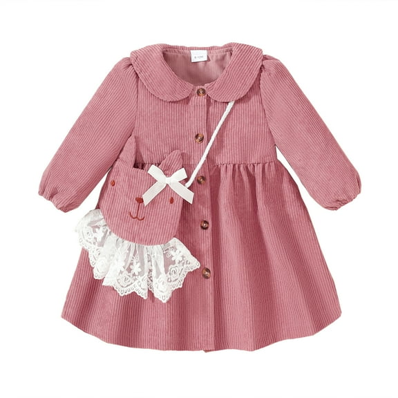 KIMI BEAR Toddler Baby Dress 2-3T Girls One-piece Lapel Solid Color Long Sleeve A-Line Dress Fall Overalls with Bag Pink