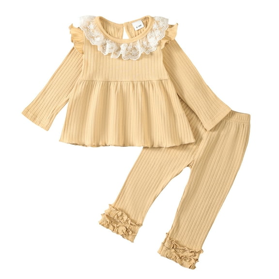 KIMI BEAR Toddler Baby Girls Pant Sets Fall 2-3T Toddler Girls Clothes Sets Autumn Lace Flying Long Sleeves Top Flower Solid Color Pants 2pcs outfits Khaki