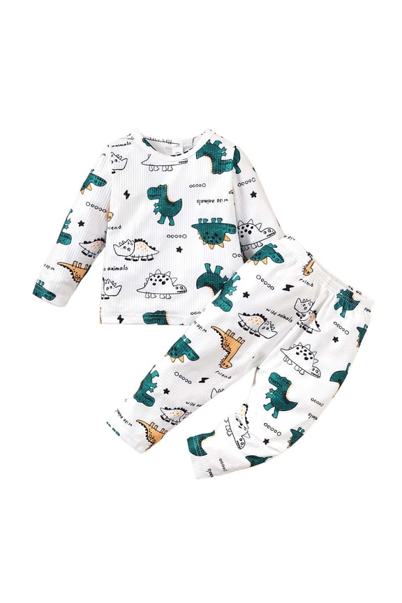 Toddler Boys Outfits 2T Infant Boy Fall Winter Outfits 3T Infant Boy Cool Dino Prints Long Sleeve Sweatshirt + Pants 2PCS Set White