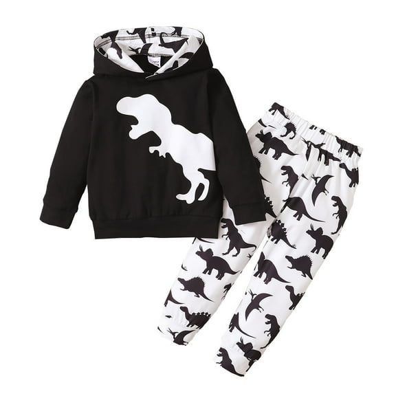 KIMI BEAR Toddler Boys Outfits 4T Toddler Boy Autumn Winter Outfits 5T Toddler Boy Black And White Dinosaur Print Hooded Long Sleeve Top + Pants 2PCs Set
