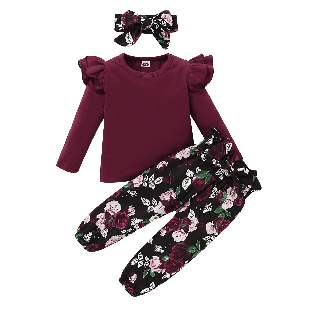 KIMI BEAR Toddler Girls Outfits 2T Toddler Girls Autumn Winter Outfits 3T Toddler Girls Casual Solid Color Long Sleeve T-shirt + Rose Print Pants + Headband 3PCs Set Red