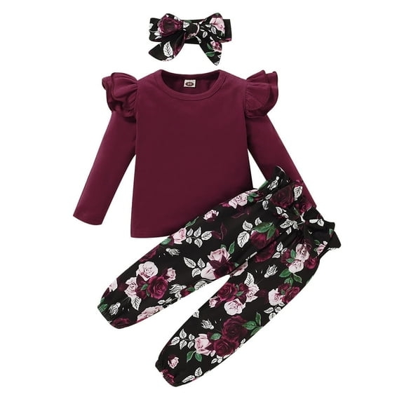 KIMI BEAR Toddler Girls Outfits 2T Toddler Girls Autumn Winter Outfits 3T Toddler Girls Casual Solid Color Long Sleeve T-shirt   Rose Print Pants   Headband 3PCs Set Red