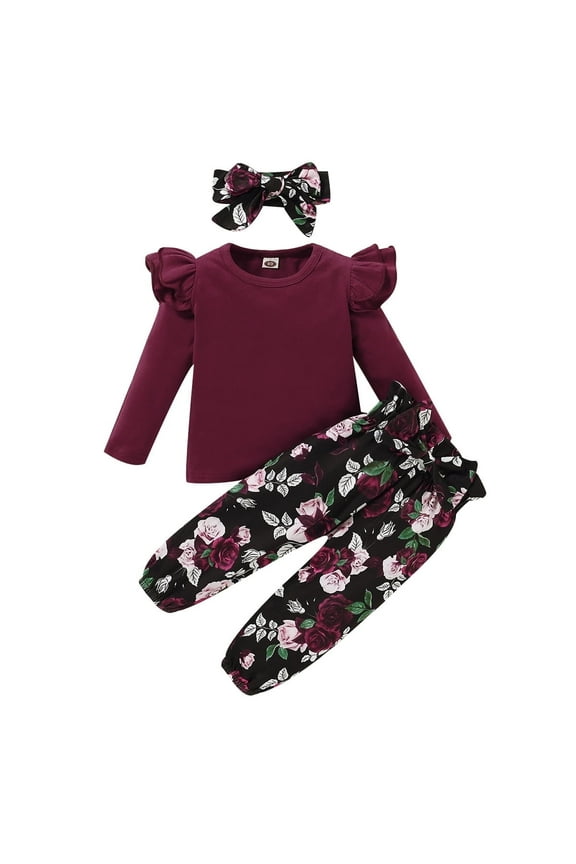 Toddler Girls Outfits 2T Toddler Girls Autumn Winter Outfits 3T Toddler Girls Casual Solid Color Long Sleeve T-shirt + Rose Print Pants + Headband 3PCs Set Red