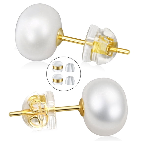 KIMIUP 14K Gold Plating Freshwater Pearl Stud Earrings, Classic Round Pearl Ear Studs for Women