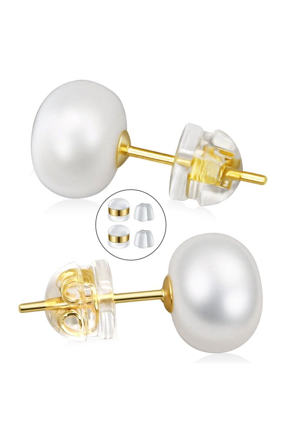 14K Gold Plating Freshwater Pearl Stud Earrings, Classic Round Pearl Ear Studs for Women