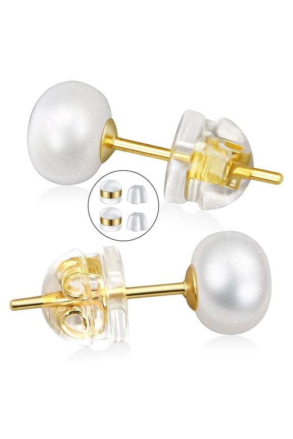14K Gold Plating Freshwater Pearl Stud Earrings, Classic Round Pearl Ear Studs for Women