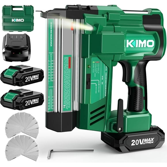 KIMO 18 Gauge Nail Gun Cordless with 20V Battery 2.0Ah X 2, 1000pcs Nails and Staples, 2 Firing Modes, 180 Nails/min, Adjustable Nailing Depth, 2 in 1 Cordless Brad Nailer and Stapler for DIY Project