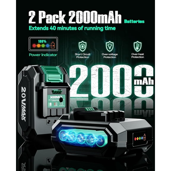 KIMO 20V Cordless Drill Set with 2 Batteries, 350 In-lb Torque, 1350 RPM, 3/8" Keyless Chuck, 18+2  Setting, 18pcs Accessories