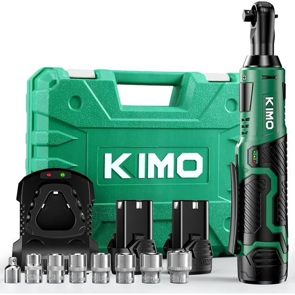 KIMO Cordless Electric Ratchet Wrench Set, 40 Ft-lbs, 400 RPM, 12V Cordless Ratchet Wrench 3/8" w/ 60-Min Charger, 7 Sockets, 1/4" adapter, 2-Pack 2000mAh Lithium-Ion Batteries, Variable Speed Trigge