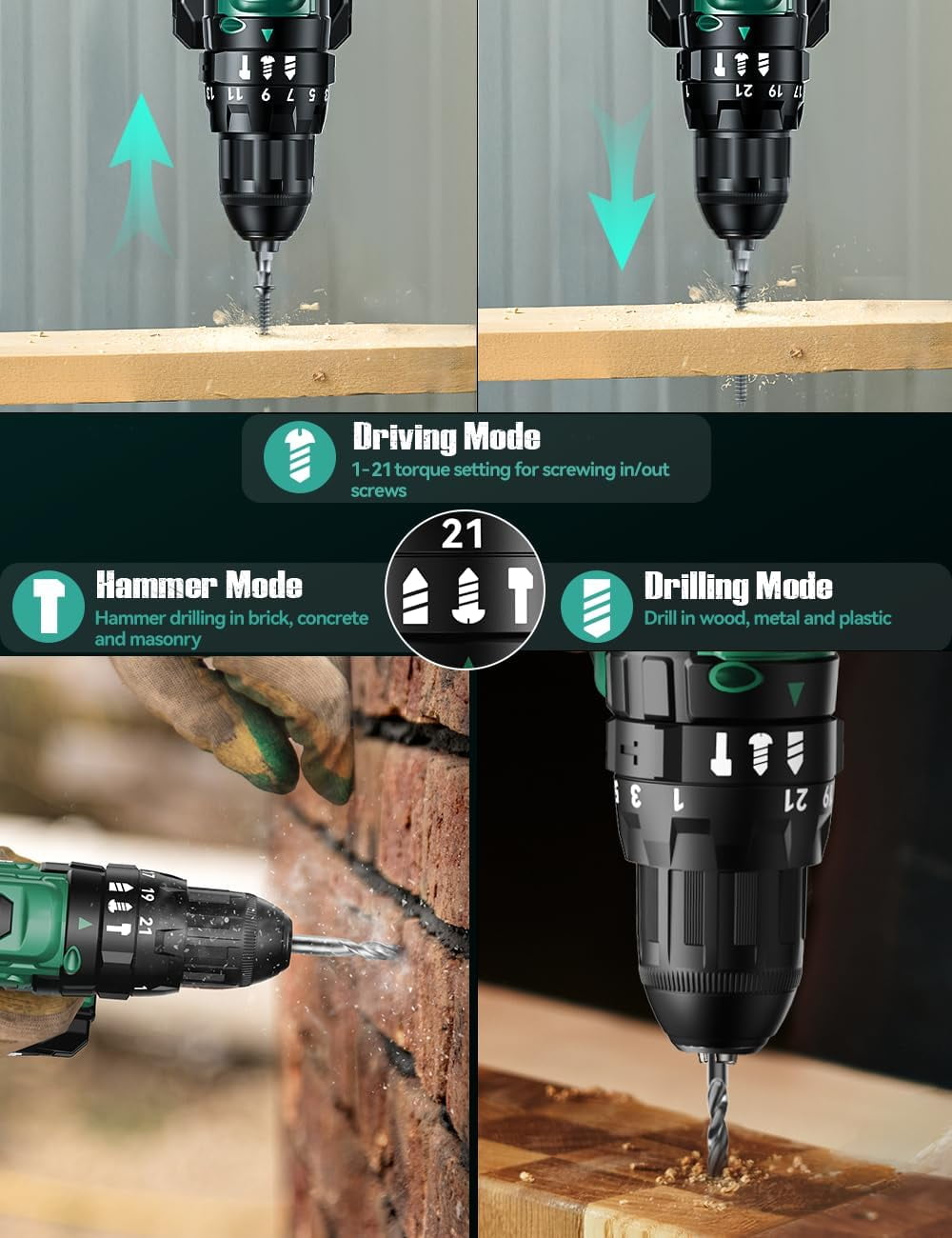KIMO Hammer Drill - 20V 2X Battery Hammer Drill Cordless Drill Set
